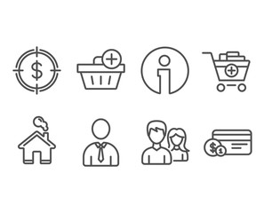 Set of Dollar target, Add products and Human icons. Add purchase, Couple and Payment method signs. Aim with usd, Shopping cart, Person profile. Vector