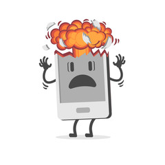 Mobile phone exploding due to overheating or swelling of the battery. A mushroom shaped explosion imitating a nuclear bomb. Cartoon character. Flat design, vector illustration.