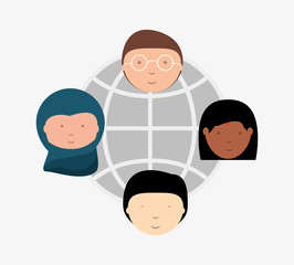 Cartoon people faces of different cultures and global network sphere over white background, colorful design. vector illustration