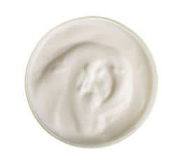 Fototapeta na wymiar Bowl of yogurt isolated on white background top view