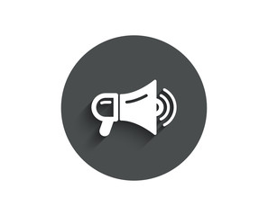 Megaphone simple icon. Advertisement device symbol. Communication sign. Circle flat button with shadow. Vector