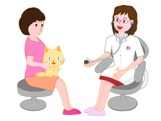 獣医に診察を受けているペットの猫。