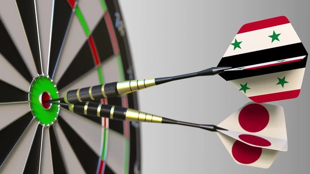 Flags of Syria and Japan on darts hitting bullseye of the target. International cooperation or competition conceptual animation