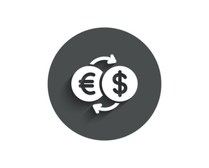 Money exchange simple icon. Banking currency sign. Euro and Dollar Cash transfer symbol. Circle flat button with shadow. Vector