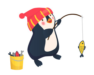 penguin fisherman caught fish