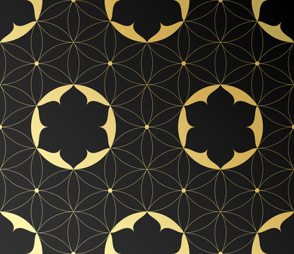 Vector golden sacred geometric seamless pattern with motif lotus and flower of life on black background.