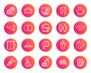 Public Services line icons. Set of Elevator, Cloakroom and Taxi signs. Exit, ATM and Escalator symbols. Wifi, Lift and Restaurant food. Information, Coffee and Smoking. Trendy gradient circle buttons