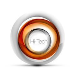 Digital techno sphere web banner, button or icon with text. Glossy swirl color abstract circle design, hi-tech futuristic symbol with color rings and grey metallic element