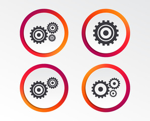 Cogwheel gear icons. Mechanism symbol. Website or App settings sign. Working process performance. Infographic design buttons. Circle templates. Vector