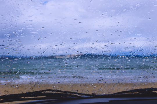 Rain Drops On The Car Windsheild. Kingston Beach, Hobart, Tasmania, Australia