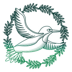 cute bird flying with wreath flowers vector illustration design