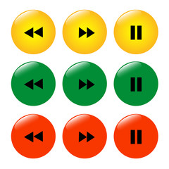 Set of colored buttons icons rewind pause.