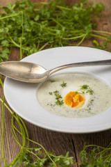 frischen Kerbelsuppe in einem Teller auf Holz