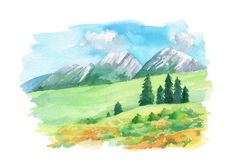 Illustration landscape with Swiss Alps and flowers on the green grass. Hand painted in watercolor. Isolated  on a white background. - 199047964