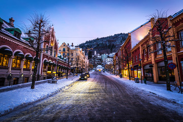 Bergen, Norway - December 27, 2014: evening the streets of Bergen at Christmas, Norway