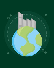 earth planet and industrial building over green background, colorful design. vector illustration