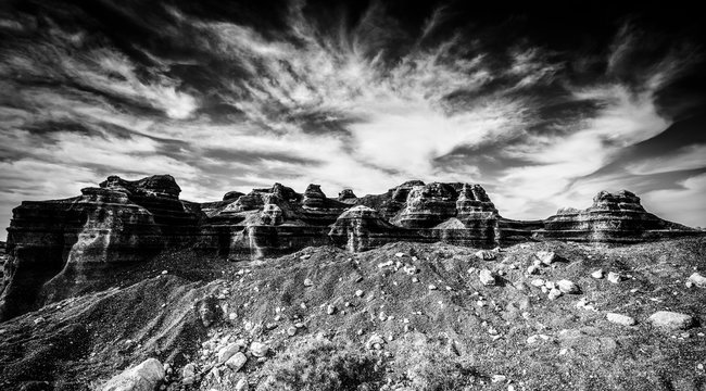 rocks in canyon, black and white photo