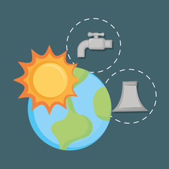 sun with earth planet and ecology related icons around over gray background, colorful design. vector illustration