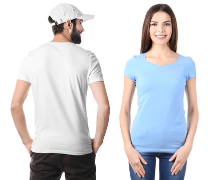 Young people in stylish t-shirts on white background, front and back views. Mockup for design