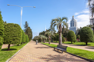 Naklejka premium Park with palm trees at promenade of Batumi, Georgia