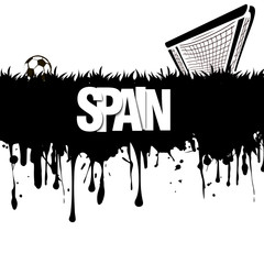 Grunge banner. Spain with a soccer ball and gate