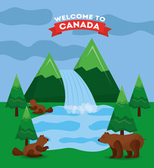 canada forest mountains waterfall lake bear and beaver vector illustration