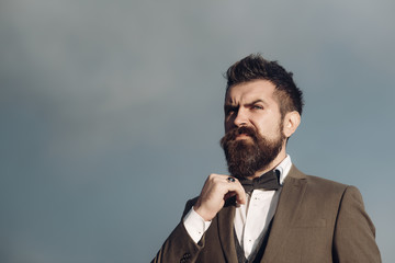 Guy with thoughtful face in classic suit touches bow tie.