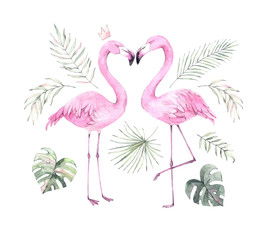 Hand drawn watercolor illustration. Print with lovely pink flamingo and tropical leaves. Perfect for invitations, greeting cards, posters, blogs etc