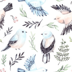 Hand drawn watercolor seamless pattern. Background with cute spring birds, ferns and green branches. Perfect for wrapping paper, fabric, linens, invitations, greeting cards, prints