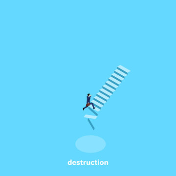 a man in a business suit runs up the crumbling ladder, an isometric image