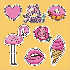 patches oh yeah flamingo flower donut ice cream lips vector illustration