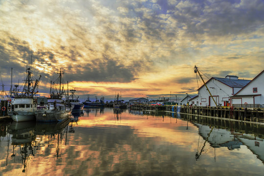 fishing boats and boats on the dock in the summer evening