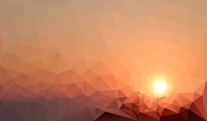 Low poly picture of the crimson sunset in the mountains. Modern trendy triangle geometric style.