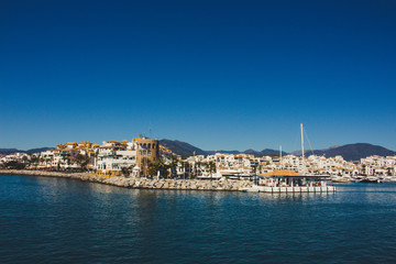 Fototapeta na wymiar Puerto Banus. View of Puerto Banus, Marbella, Malaga, Costa del Sol, Spain. Picture taken – 27 march 2018.