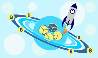 Conceptual template of blockchain with a rocket and planet. Vector graphic illustration.