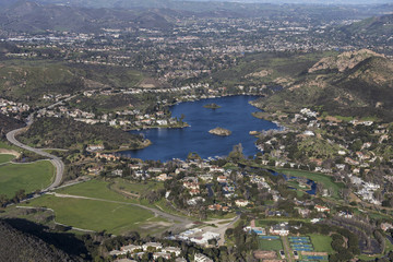 Aerial view of Lake Sherwood in Hidden Valley near Westlake Village, Malibu and Thousand Oaks in Ventura County California.