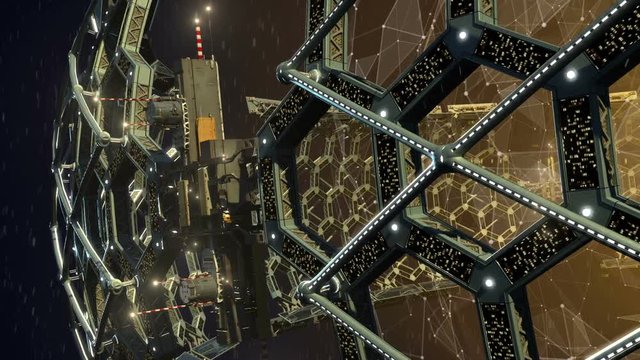 Deep space animation of a honeycomb geodesic structure rotating around a spherical web of triangular 3D grids on a galactic background, for video science fiction video games or interstellar travel.
