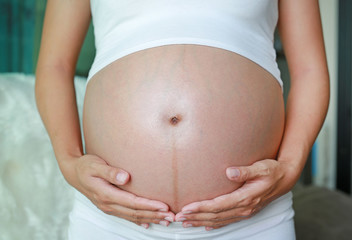 Fototapeta na wymiar Pregnant Woman holding her hands on her tummy. 