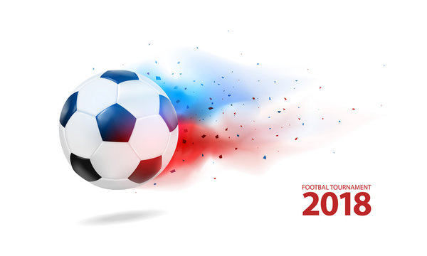Football cup 2018 background. Football ball with confetti and flag color smoke.