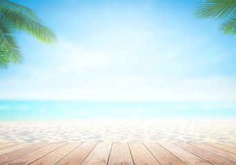 World environment day concept: Wooden table and the beach background