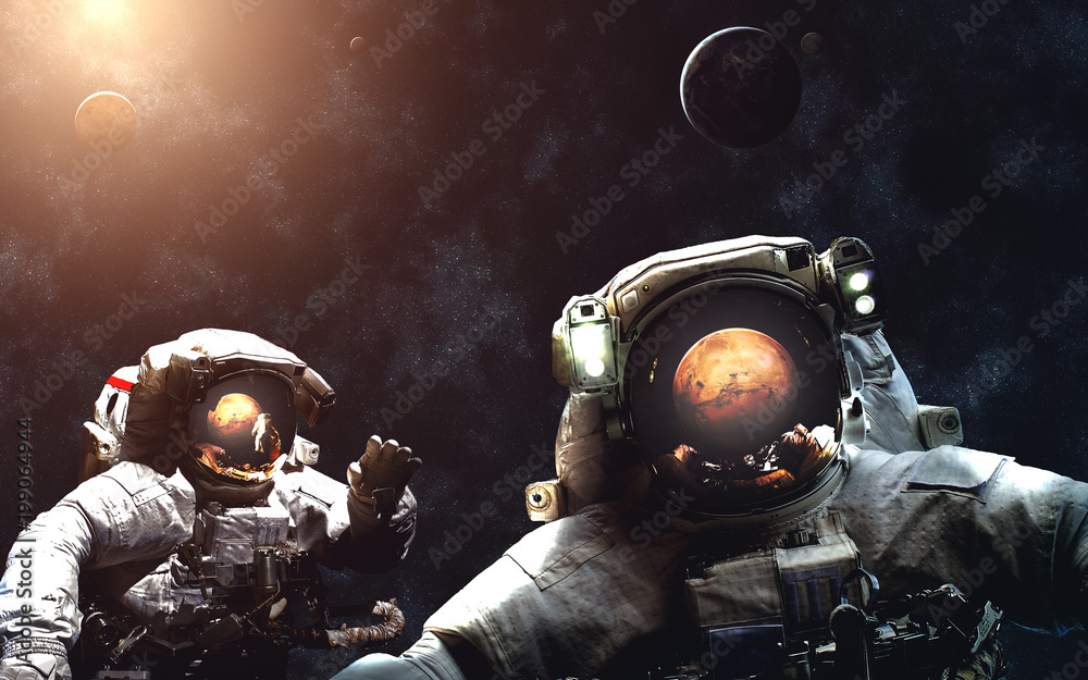 Wall mural arrival to mars. astronauts. solar system. image in 5k resolution for desktop wallpaper. elements of