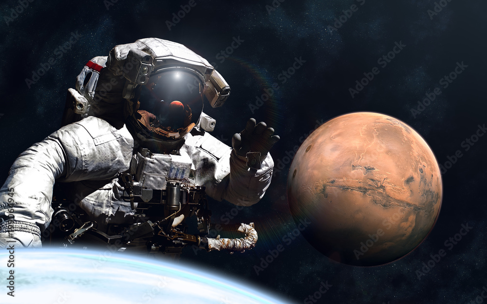 Sticker giant astronaut and little mars. image in 5k resolution for desktop wallpaper. elements of the image