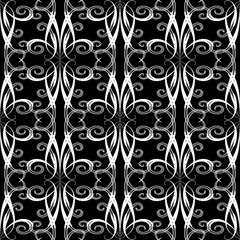 Vintage swirls seamless pattern. Vector floral black and white background. Hand drawn abstract flowers, curves, line art tracery swirl ornaments. Isolated texture. Luxury design for fabric, wallpapers