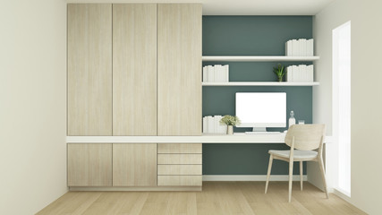 Workplace on green wall design and wardrobe in condominium - Study room simple design artwork for apartment or home - 3D Rendering