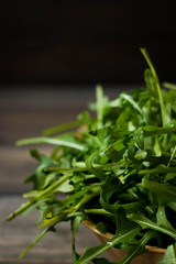 Obraz premium Fresh rucola with water droplets on a dark rustic background