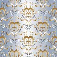 Light 3d damask seamless pattern. Vector floral silk background wallpaper. Hand drawn vintage luxury gold silver damask ornaments. Vintage flowers, leaves, swirl lines, curves. Design with shadows