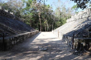 The average stadium for ball games. Mayan ritual complex in the Nohoch quarter of Koba