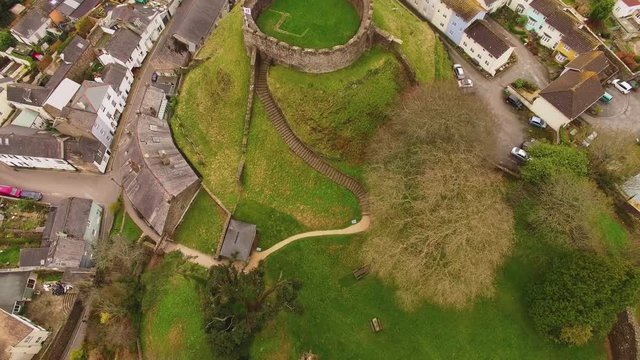 14th Century British Castle Ruins, Aerial Drone Footage, Totnes Castle, Devon UK