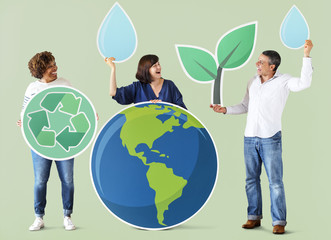 People with environment and recycling icons