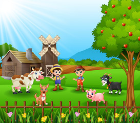 Obraz na płótnie Canvas Young farmers activities with animals
